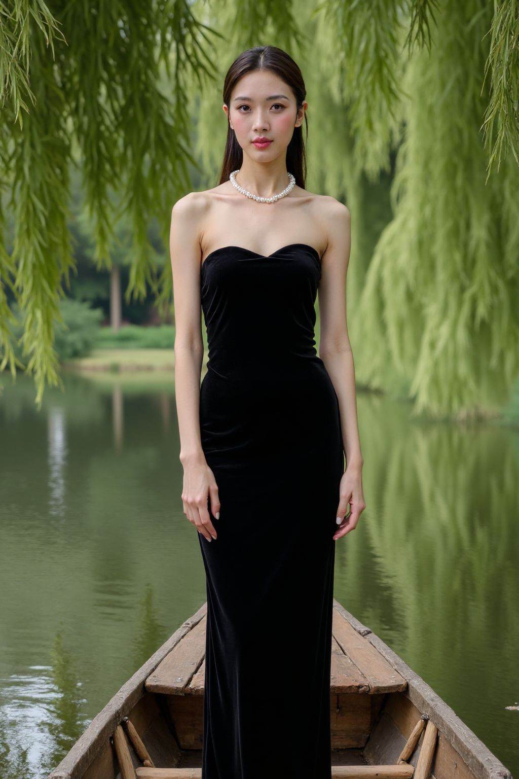The image is a high-resolution photograph of a young woman standing on a wooden rowboat on a serene lake. The woman, who appears to be in her early 20s, has a fair skin tone and long, straight black hair styled in a sleek ponytail. She is wearing a strapless, floor-length black velvet dress that clings to her slender figure, accentuating her small to medium-sized breasts. Around her neck, she wears a single strand of white pearls, adding a touch of elegance to her appearance. Her makeup is subtle yet sophisticated, featuring a soft pink lip color and a hint of blush on her cheeks.The background showcases a lush, green landscape with tall trees and a dense canopy of willow branches, which frame the scene and provide a natural, peaceful ambiance. The water of the lake is calm and reflects the greenery, adding to the tranquil atmosphere. The wooden rowboat has a rustic, weathered look, with visible cracks and a worn texture that contrasts with the smoothness of her dress. The overall mood of the photograph is serene and romantic, with a focus on the woman's elegant and poised presence amidst nature's beauty.