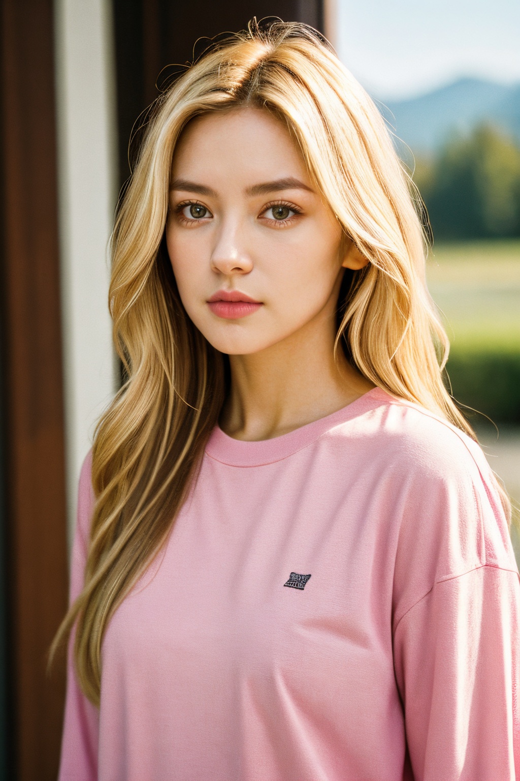 1girl, film grain, realistic, photorealistic, solo, blonde hair, long hair, pink shirt, looking at viewer, shirt, upper body,