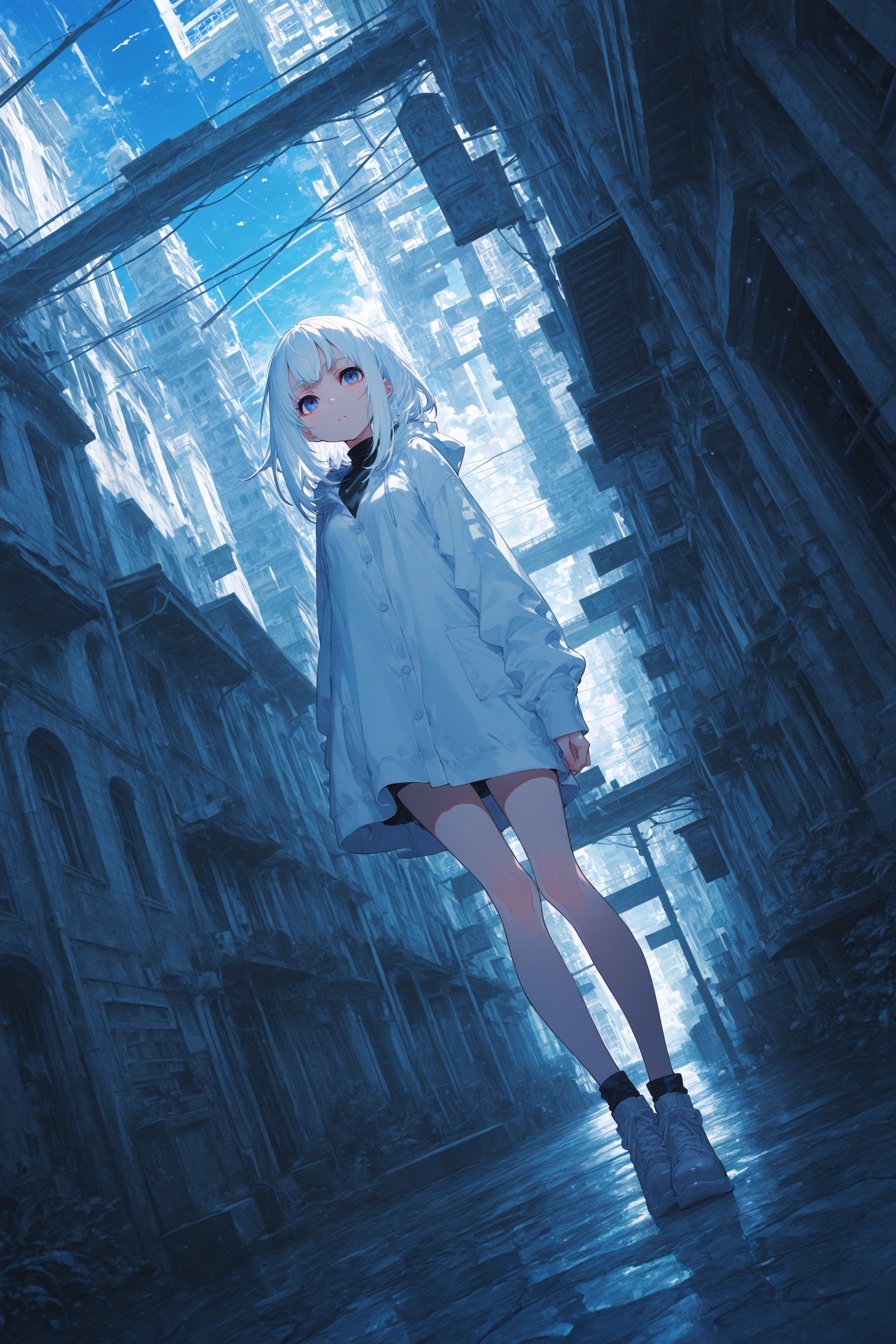 masterpiece,dutch angle,scenery,mika pikazo,1girl,rich color,scenery,white hair,blue eyes,