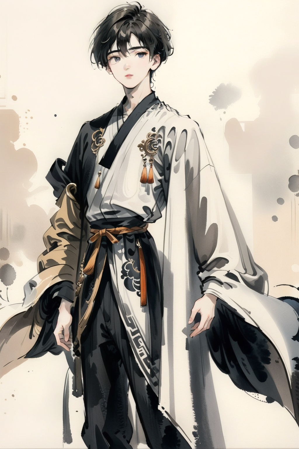 1boy,20 years old,full body,detailed,(looking at viewer:0.9),<lora:IllustrationInk-0010:0.8>,moran,ink painting,