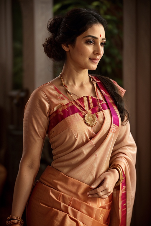 A 35-year-old woman wearing a vibrant silk saree strikes a graceful pose,  reminiscent of classical dance. Drawing inspira...
