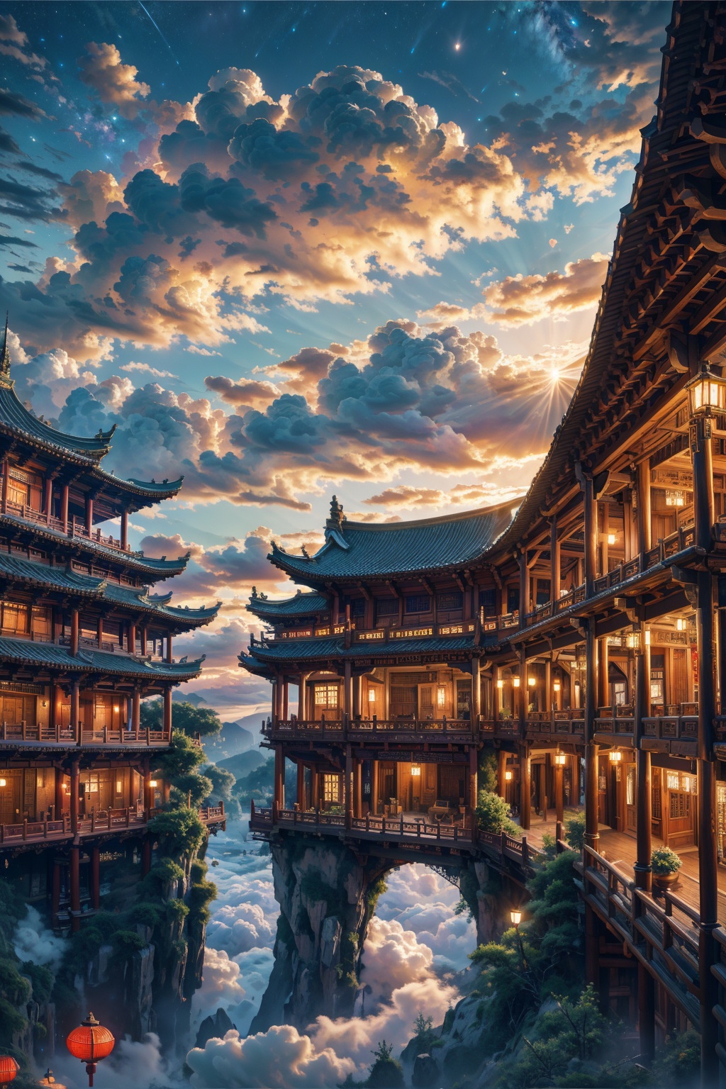 (masterpiece:1.2),best quality,highres,extremely detailed CG,perfect lighting,8k wallpaper,photograph,photorealistic,chinese architecture,fantasy,sky,<lora:FF_20240110192137-000007:0.7>,