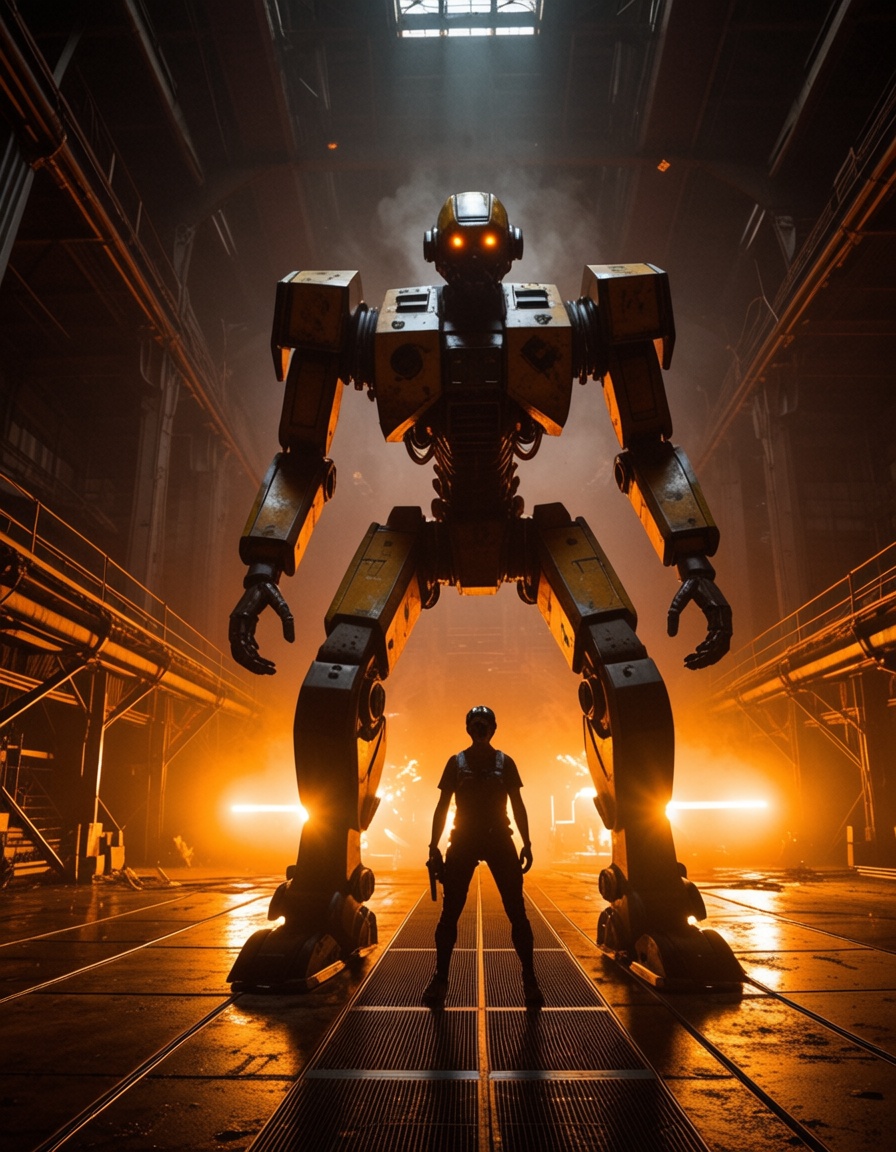 a young pilot standing in a massive mech hangar backlit by orange floodlights,  towering robotic limbs looming behind as w...