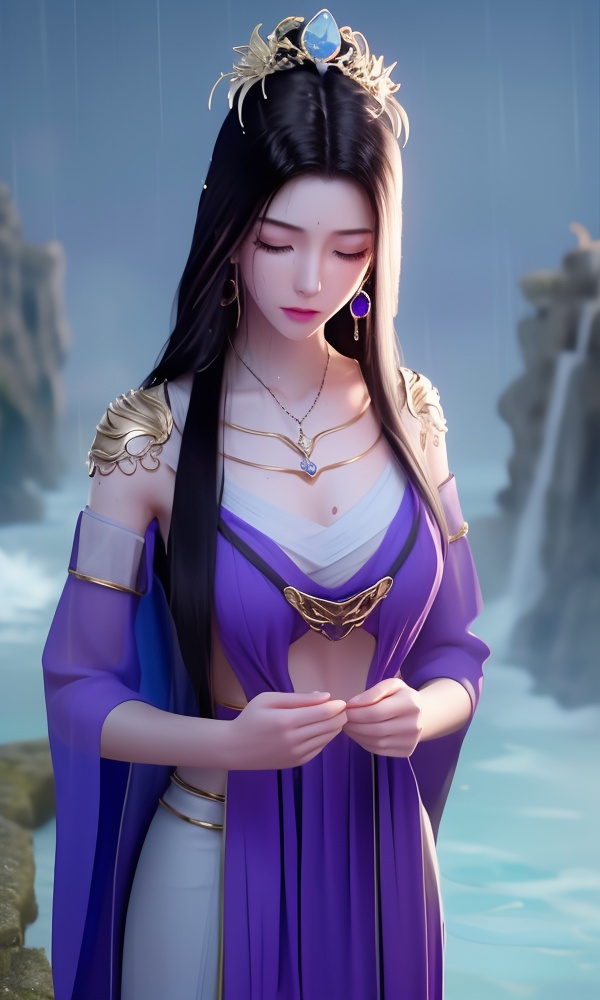 <lora:395-DA-凡人修仙传-紫灵:0.8> ,(,1girl, ,best quality, ),looking at viewer, ,ultra detailed 8k cg, ultra detailed background, ultra realistic 8k cg,  ,masterpiece((((1girl, solo,  , ,solo focus, wet,sweat, ocean,rain, water drop, )))) (, , sweatdrop, flying sweatdrops, sweating profusely,colorful drop \(module\), ) flawless, clean, masterpiece, professional artwork, famous artwork, cinematic lighting, cinematic bloom,  dreamlike, unreal, science fiction, luxury, jewelry, diamond, gold, pearl, gem, sapphire, ruby, emerald, intricate detail, delicate pattern, charming, alluring, seductive, erotic, enchanting, hair ornament, necklace, earrings, bracelet, armlet,halo, , jewelry, necklace, solo, , , , hair_ornament, , earrings,large breasts,,  , ,