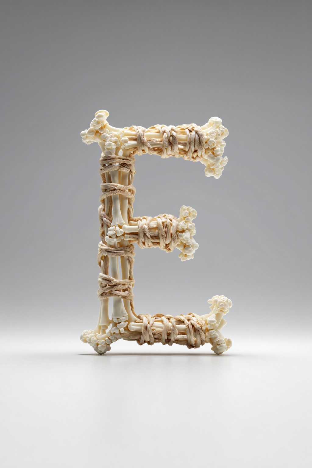 beijihui,3D icon design of letter 'E',**** of woven bone fragments with ivory sheen and articulated joints,hyperrealistic,hyperdetail,front view,studio lighting,100mm lens,white solid background,