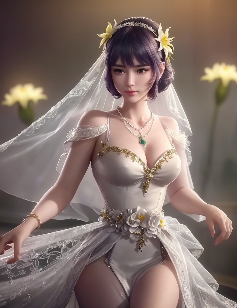 ultra realistic 8k cg, picture-perfect face, flawless, clean, masterpiece, professional artwork, famous artwork, cinematic lighting, cinematic bloom, perfect face, beautiful face, fantasy, dreamlike, unreal, science fiction,   lace, lace trim, lace-trimmed legwear,  (rich:1.4), prestige, luxury, jewelry, diamond, gold, pearl, gem, sapphire, ruby, emerald, intricate detail, delicate pattern, charming, alluring, seductive, erotic, enchanting, hair ornament, necklace, earrings, bracelet, armlet,halo((,1girl, pov,))  ((, 1girl, solo, star_\(symbol\),lily \(flower\),hair flower, wedding dress, jewelry))<lora:DA_BaiChenXiang:0.6>