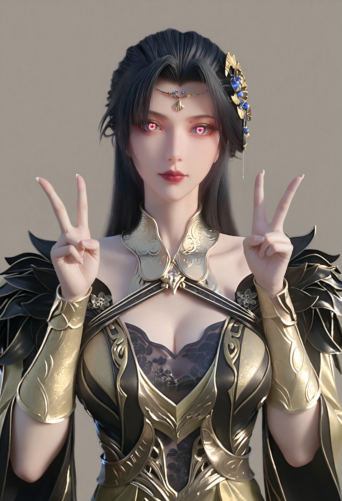 (score_9),<lora:柳如烟-Apony:0.83>,lry,(mature_female),solo,long hair,hair ornament,black hair,mole under eye,detached collar,forehead jewelry,wrist guards,dress,sleeve,<lora:perfect eyes_v1:0.68>,bright pupils,upper body,looking at viewer,front view,double v,light blush,<lora:Expressive_H-000001:0.8>,(glamor:1.2),curvy,collarbone,pointy breasts,puffy breasts,large breasts,narrow waist,simple background,