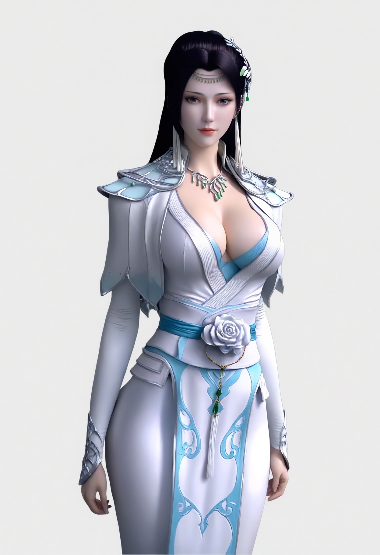 fair_skin,white_skin,Ivory_skin,<lora:SF_YunYunAbout3Years3_Pony_Realism2.3-000003:0.7>,hair ornament,black hair,looking at viewer,1girl,standing,breasts,large breasts,dress,solo,simple background,white background,