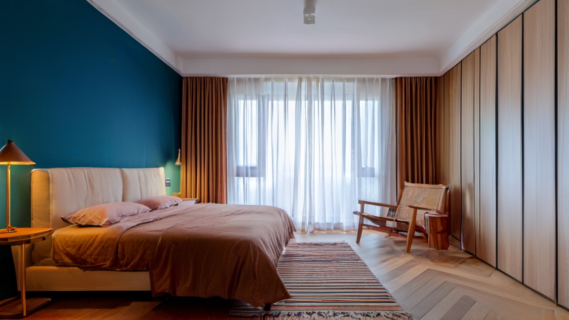 no humans,curtains,bed,scenery,indoors,chair,pillow,window,table,bedroom,lamp,wooden floor,carpet,couch,rug,masterpiece,8K,reality,ultra hd,