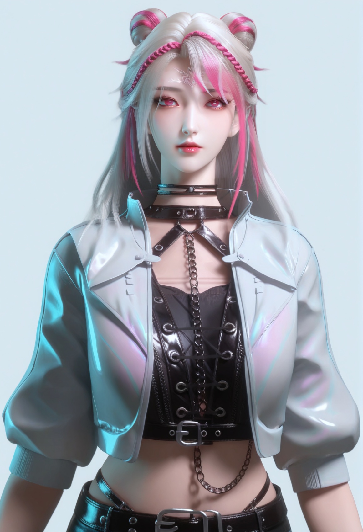(score_9),<lora:炙珠-Apony:0.86>,zizhu,1girl,solo,long hair,white hair,braid,pink braid,streaked hair,harness vest,choker,cropped jacket,chain,forehead mark,double bun,pink eyes,belt,shorts,(mature_female:1.1),mature,<lora:e色温:0.5>,(white_skin),(fair_skin),<lora:e肤色滑块:0.5>,front view,light blush,simple background,<lora:Expressive_H:0.8>,<lora:perfect-eyes:0.8>,