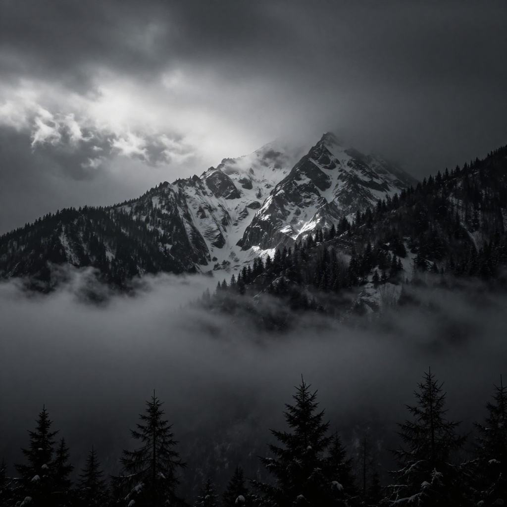 Dark Moody Atmosphere,  Photorealistic:1 Dark Chiaroscuro Lighting Style cinematic film style a mountain covered in snow a...