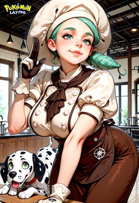 lazypos, dynamic pose, han-blue, pink-lace, matte finish, logo, katy \(pokemon\), pokemon, 1girl, green eyes, mole under eye, green hair, light green hair, side ponytail, low side ponytail, low ponytail, large breasts, mole on cheek, brown apron, chef hat, brown skirt, waist apron, shirt, gloves, puffy short sleeves, chef, ascot, brown ascot, b, dalmatian,