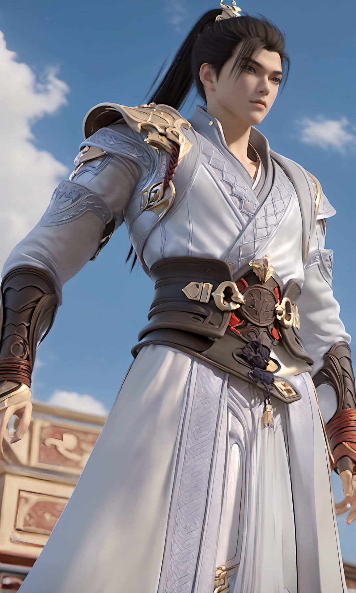 professional 3d model Shihao,front view of a man with a black high ponytail hair,(bare abdominal muscles:1.3),(absolute_territory:1.2),full body,blue sky,white lightning effects on hands,(white dress:0.7),<lora:Perfect Shihao-000019>,shiny,reflective skin, . octane render, highly detailed, volumetric, dramatic lighting