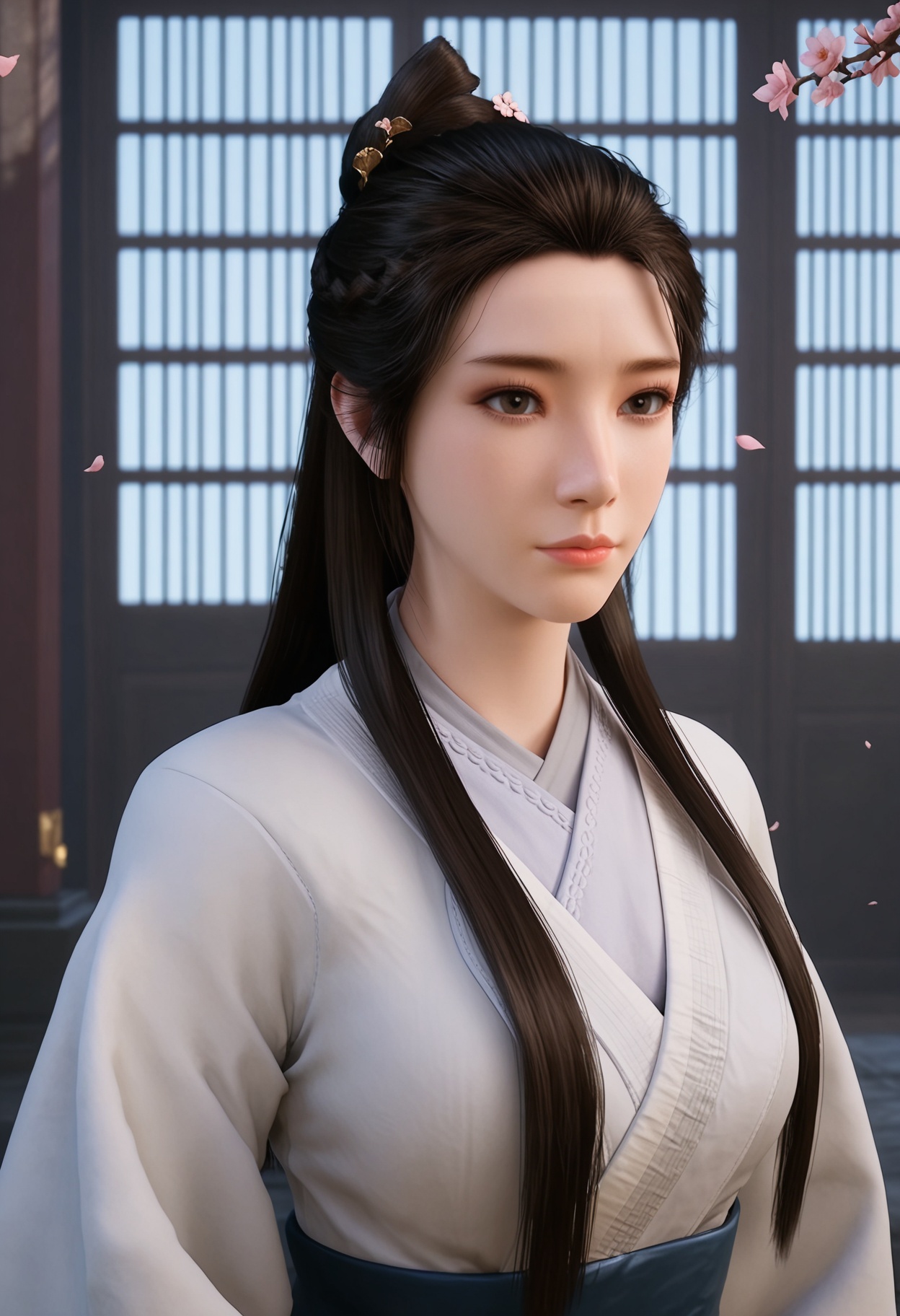 (upper_body:1.2),(looking at viewer:1.1),masterpiece,(best quality),smog,Dark room,dim lighting,peach blossom,falling petals,<lora:YQ_Illustrious光辉v5_辛如音_V1:0.8>,q1528437228,1girl,solo,long hair,chinese clothes,hanfu,white dress,black hair,brown hair,hair ornament,brown eyes,sash,hair bun,hair flower,black eyes,braid,ponytail,forehead,jewelry,