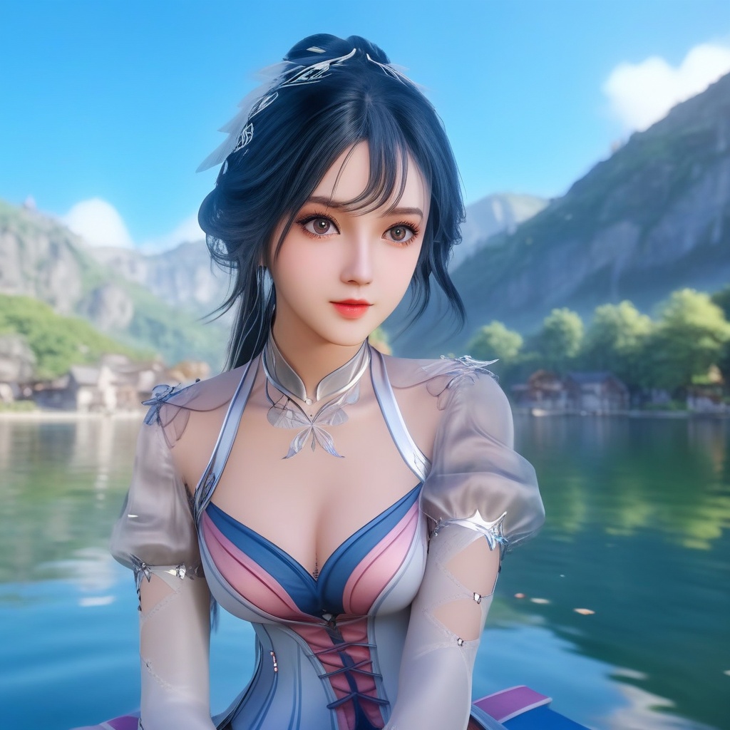 <lora:707-DA-XL-斗罗大陆-唐舞桐:0.8>(,1girl, ,best quality, ),looking at viewer,  ,ultra detailed 8k cg, ultra detailed background,  ,masterpiece, (( , )) , lake,upper body,   (cleavage), (), 