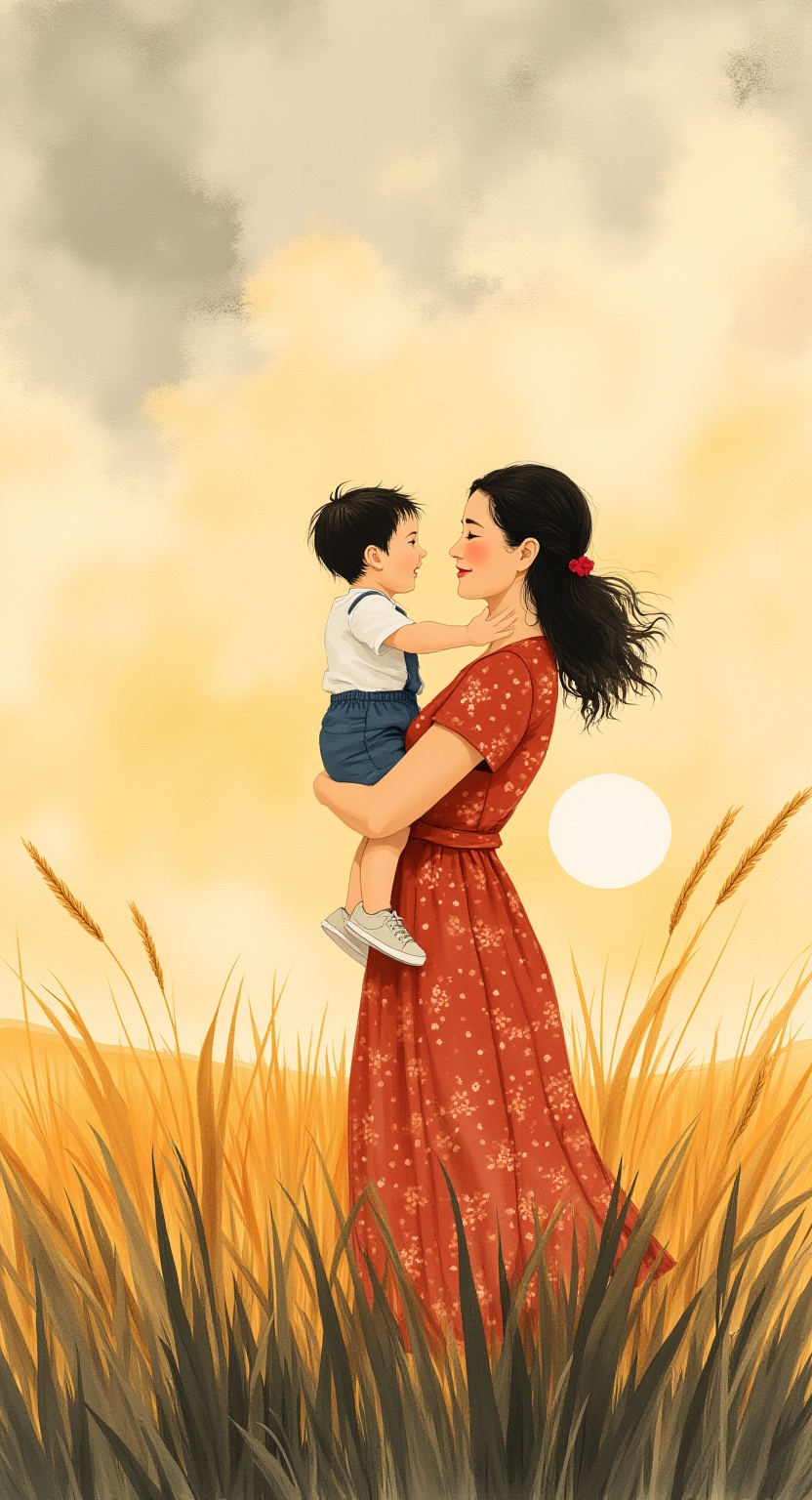 sunset,mother holding child,wind,grass,watercolor style,