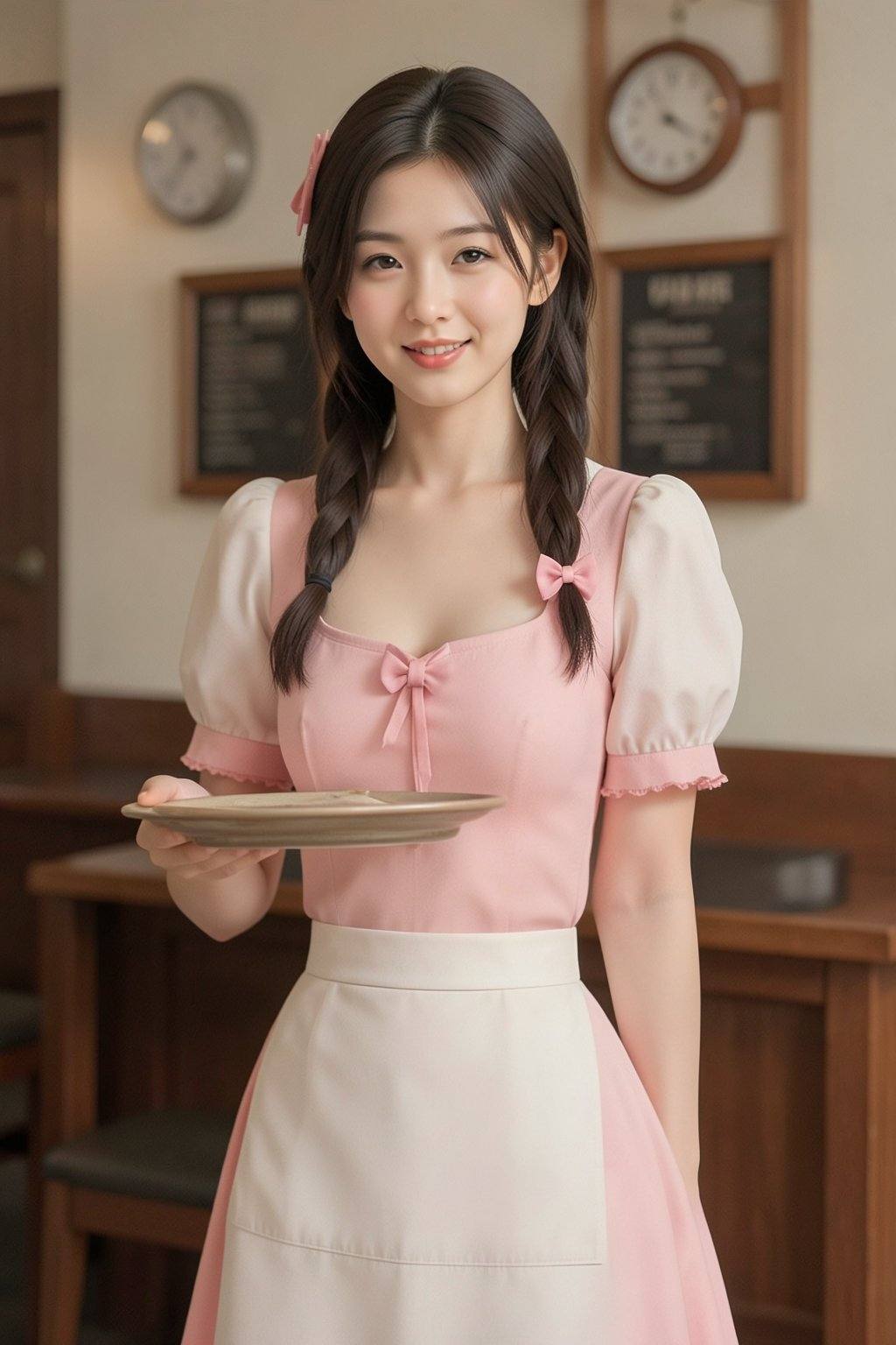 一张中近景照片,  一位年轻的东亚女性身着一套迷人的粉彩色系女仆装。她身材纤细,  肤色白皙 on Tensor.Art