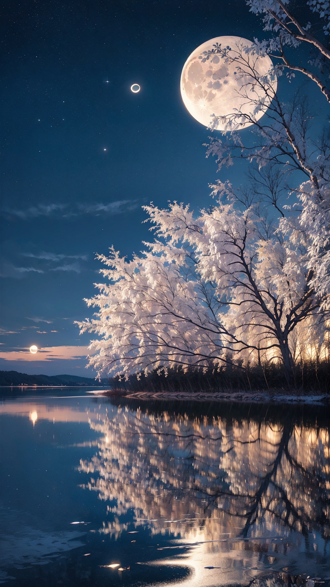 The moonlight quietly pours on the quiet lake,and the light shimmering like countless twinkling gems. Breeze blowing,the shadow of the moon swaying,that clever picture beautiful. The weeping willows by the lake stretch their positions in the moonlight,and the slender willow branches sway gently,as if dancing with the moon.,<lora:Moon_20240908003204:0.8>,