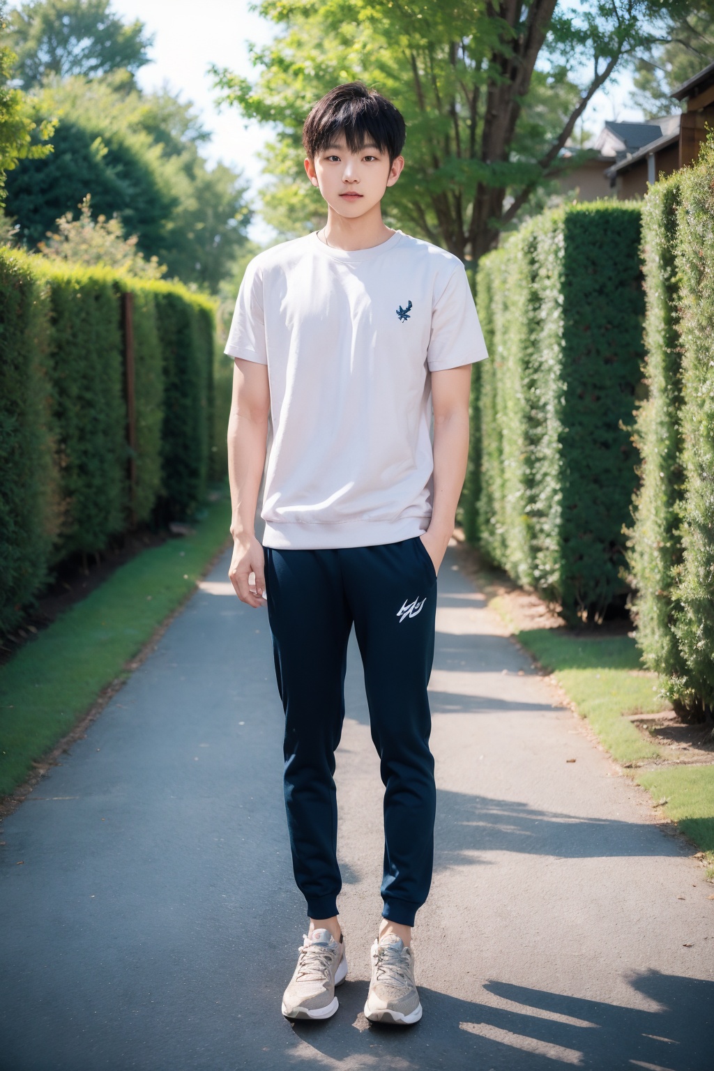 1boy, male focus, realistic, looking at viewer, outdoors, short sleeve sweatshirt pants, road, standing, tree, shoes, full body, solo focus, short hair, day, photorealistic, street,