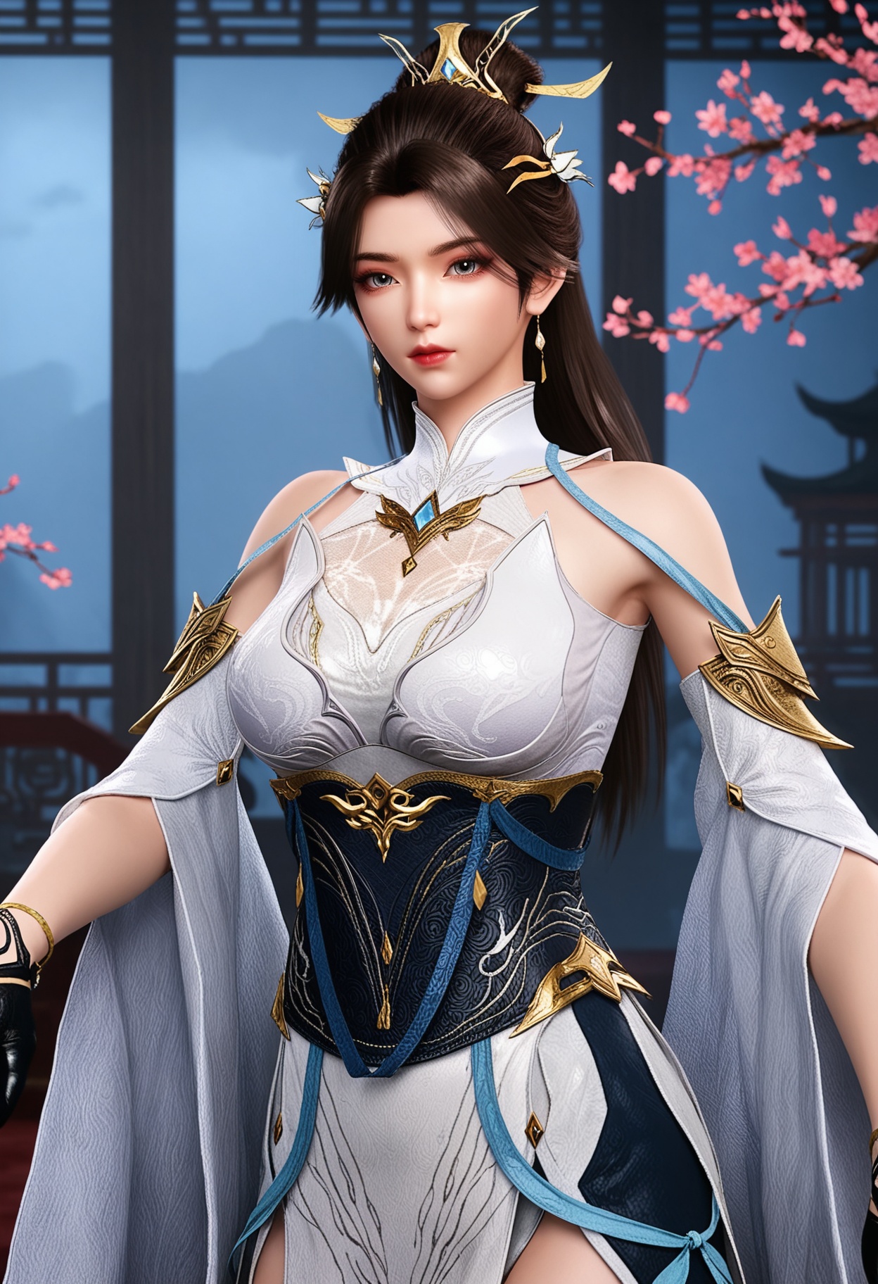 (cowboy shot:1.2),(looking at viewer:1.1),masterpiece,(best quality),smog,Dark room,dim lighting,peach blossom,falling petals,<lora:YQ_Illustrious光辉v5_灵溪_V1:0.8>,q1528437228,1girl,solo,jewelry,long hair,hair ornament,earrings,brown hair,dress,white dress,hair bun,black hair,detached sleeves,chinese clothes,gloves,ponytail,black gloves,single hair bun,high heels,brown eyes,grey eyes,blue eyes,sash,bracelet,