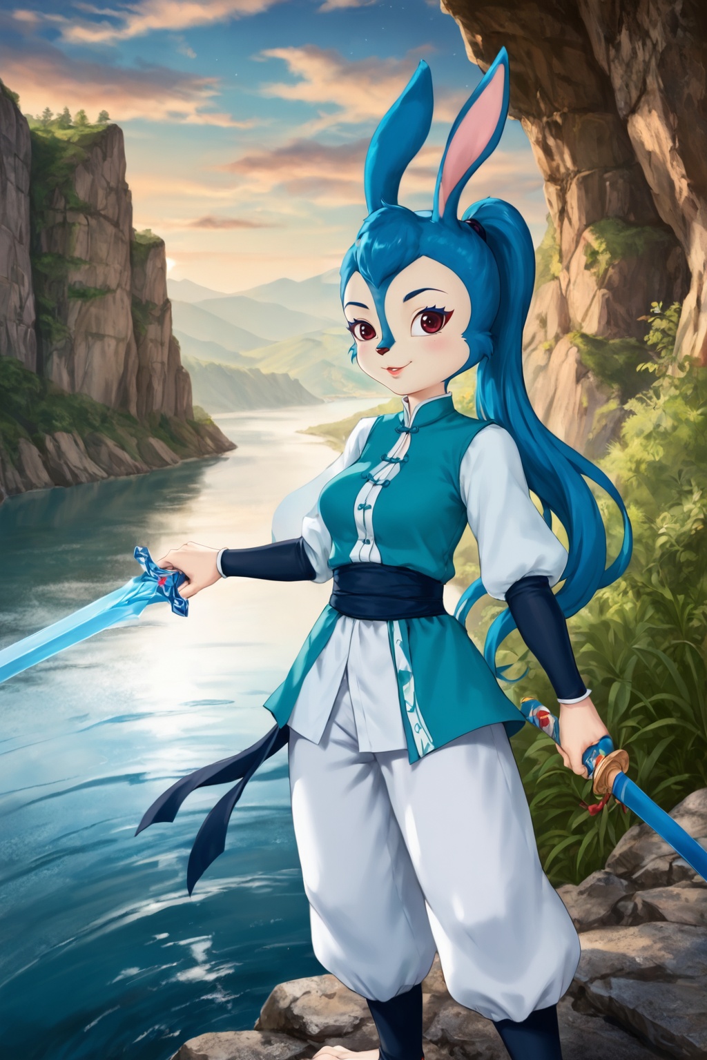 safe_pos,score_9,score_8_up,score_7_up,Lantu,solo,animal ears,furry,1girl,rabbit ears,blue hair,rabbit girl,smile,furry female,medium breasts,chinese clothes,narrow waist,long legs,pants,holding,sword,ponytail,looking at viewer,cowboy shot,nice hands,<lora:pony虹猫蓝兔七侠传-蓝兔:1>,(highres, high quality:1.3),intricate details,sharp focus,depth of field,outdoors,on water,outdoors,cliff,plateau,grand_canyon,sunset,floating and rainbow long hair,Iridescence and rainbow,beautiful detailed starry sky,dynamic pose,dynamic angle,<lora:add-detail-xl:0.5>,mature female,curvy,shiny skin,oiled skin,Expressiveh,