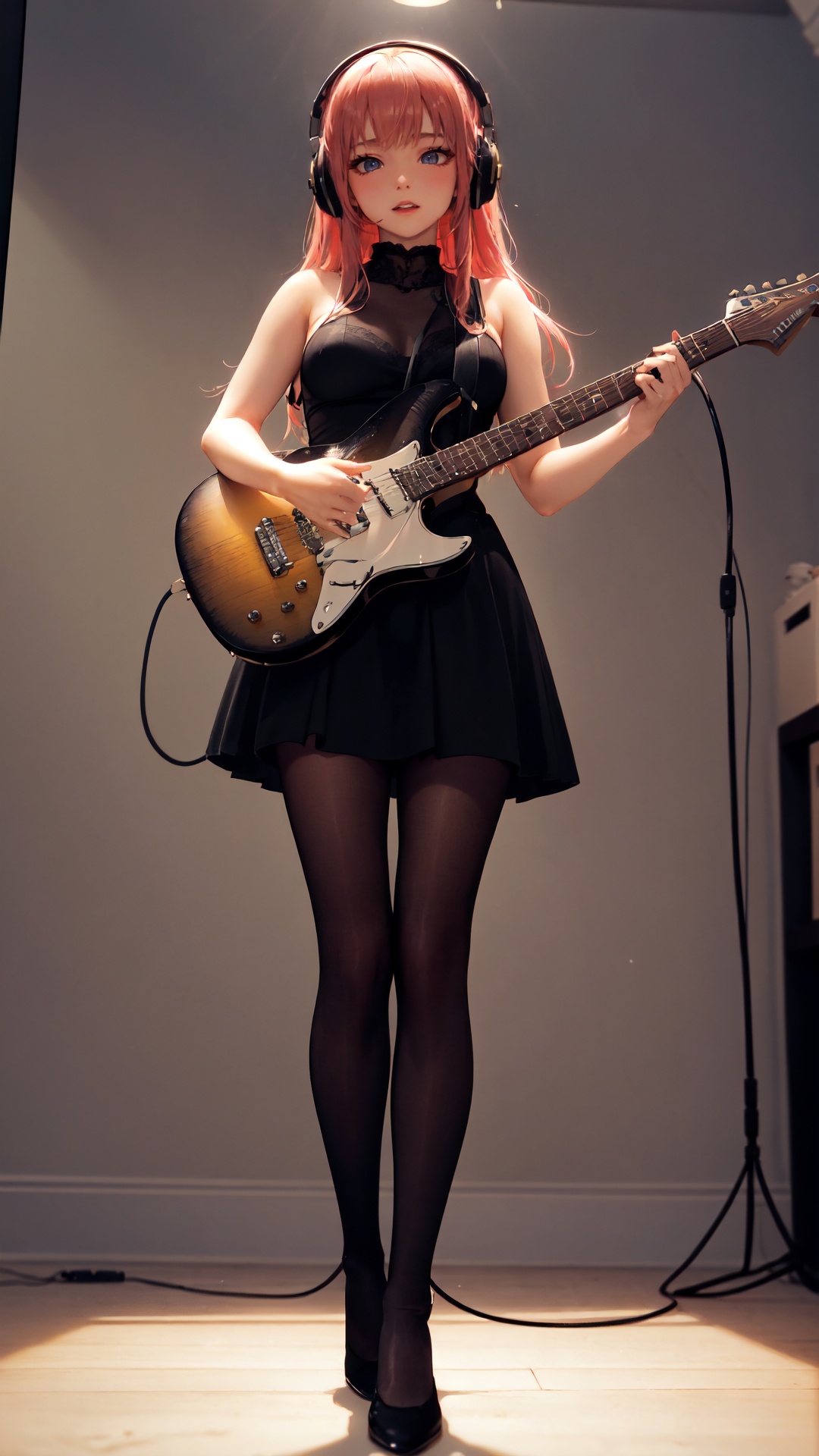 tutututu,black pantyhose,white high heels,1girl,((cinematic light)),colorful,hyper detail,dramatic light,intricate details,best quality,(wallpaper, masterpiece, best quality, ultra-detailed, best shadow),(detailed background:1.4),(beautiful detailed face, beautiful detailed eyes),high contrast,(best illumination, an extremely delicate and beautiful),(girl:1.5),solo,blue eyes,electric guitar,guitar,headphones,holding,holding plectrum,instrument,long hair,music,one side up,pink hair,playing guiter,indoors ((caustic)),dynamic angle,beautiful detailed glow,full body,<lora:merged_0024:0.75>,