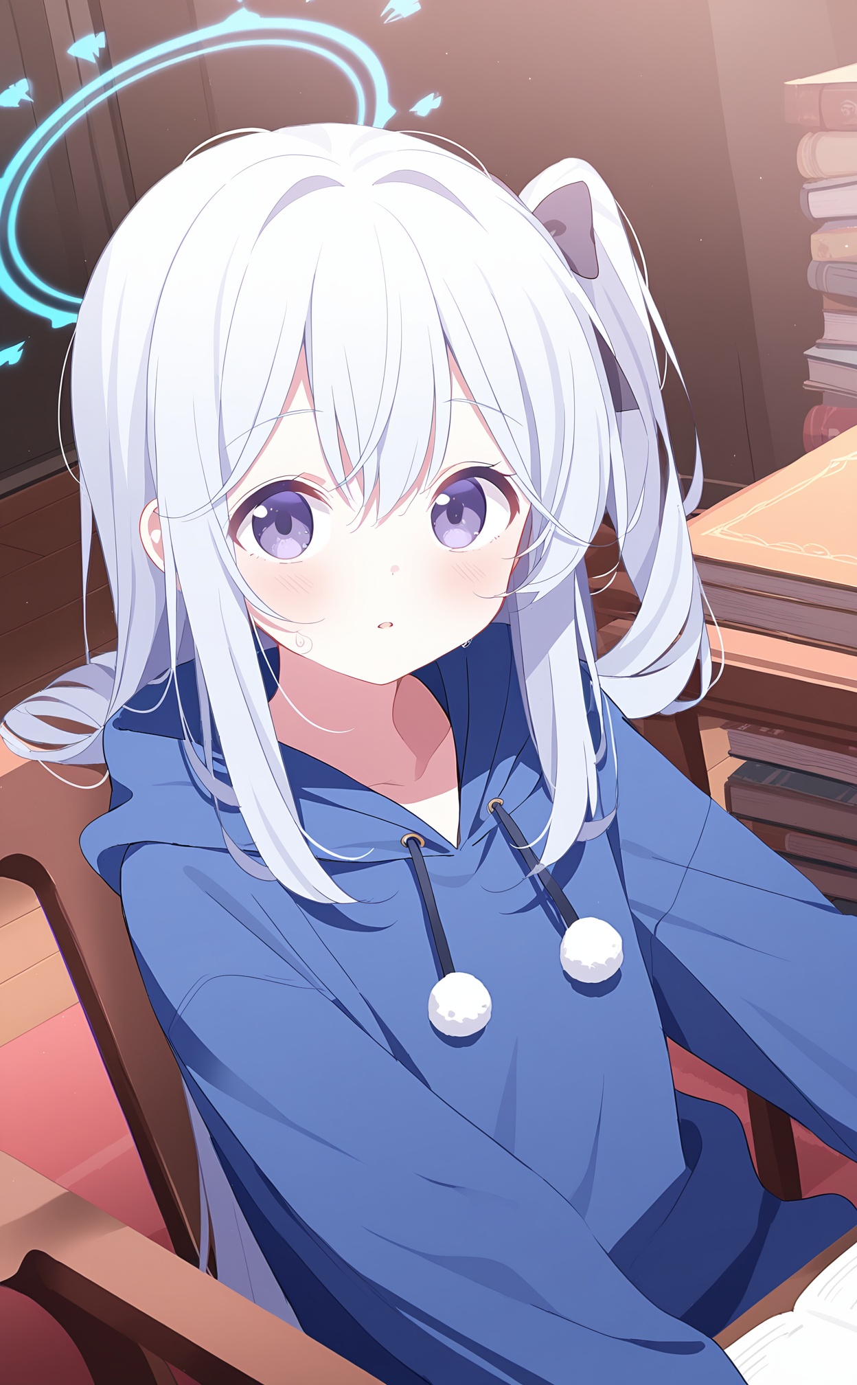 masterpiece,very aware,(highres),absurdres,newest,best quality,high quality,loli,petite,chromatic_aberration,dynamic_angle,cinematic_angle,//,miyako_\(blue_archive\), 1girl, solo, halo, blue_halo, purple_eyes, hood, book, hoodie, blue_hoodie, long_hair, looking_at_viewer, book_stack, one_side_up, indoors, grey_hair, hair_between_eyes, long_sleeves, parted_lips, upper_body, hood_down, chair, official_alternate_costume//,//,artist:deyui,artist:doremi_(doremi4704),artist:mx2j,artist:yutokamizu,artist:child_(isoliya),//,//,<lora:BA02:0.85>,