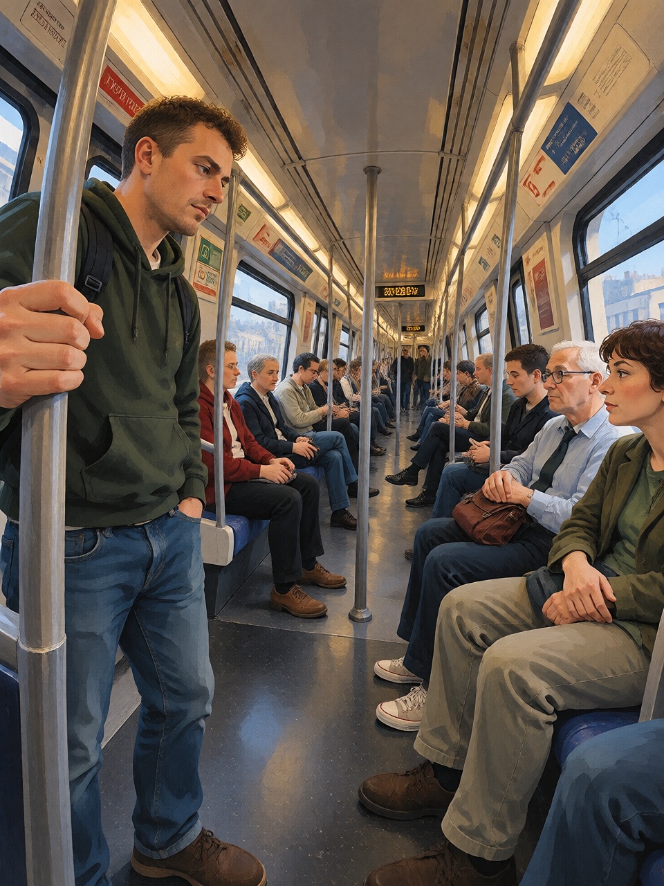A crowded subway carriage,  one standing passenger very close to the viewer gripping a pole,  receding rows of seats and p...