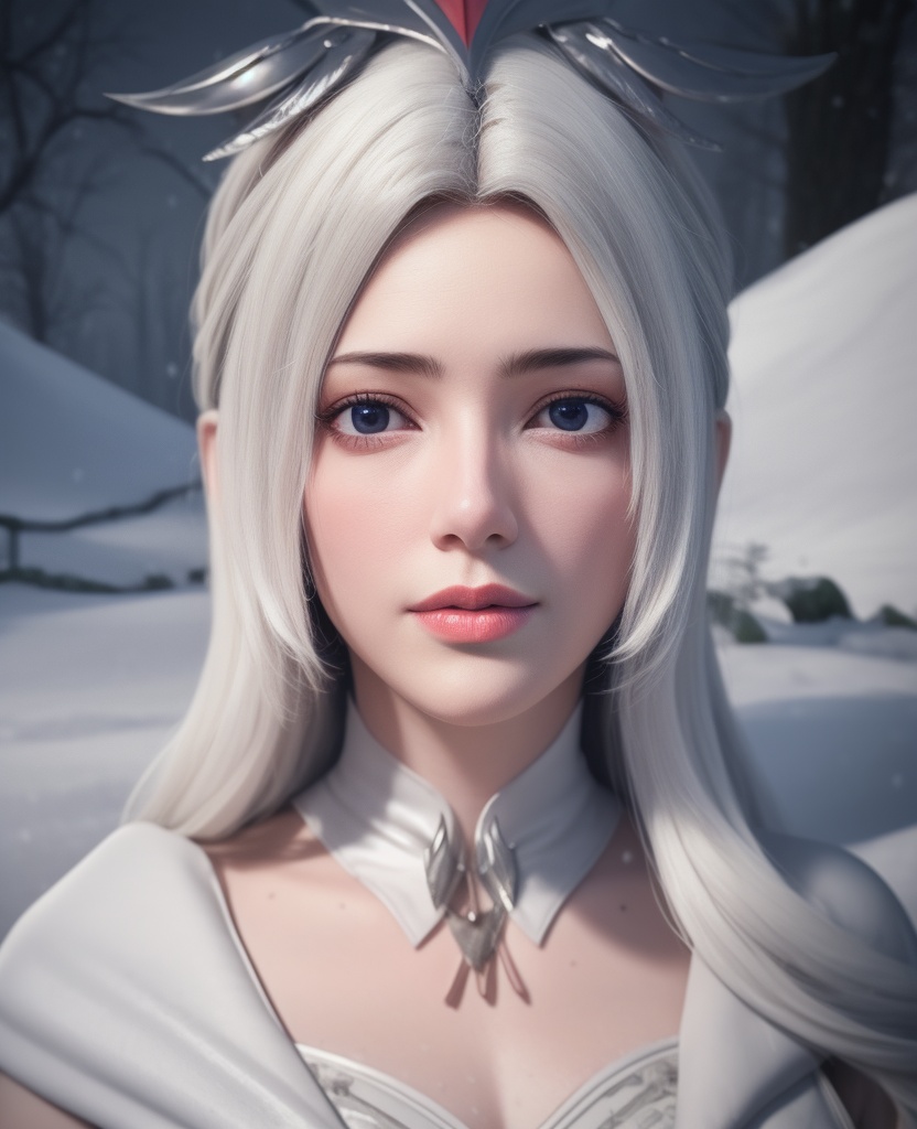 <lora:584-DA-星辰变-白灵:0.8>(,1girl, ,best quality, ),looking at viewer,masterpiece, (( , )),, realistic,science fiction,mole, ultra realistic 8k cg, ,outdoors, snow, snowing,