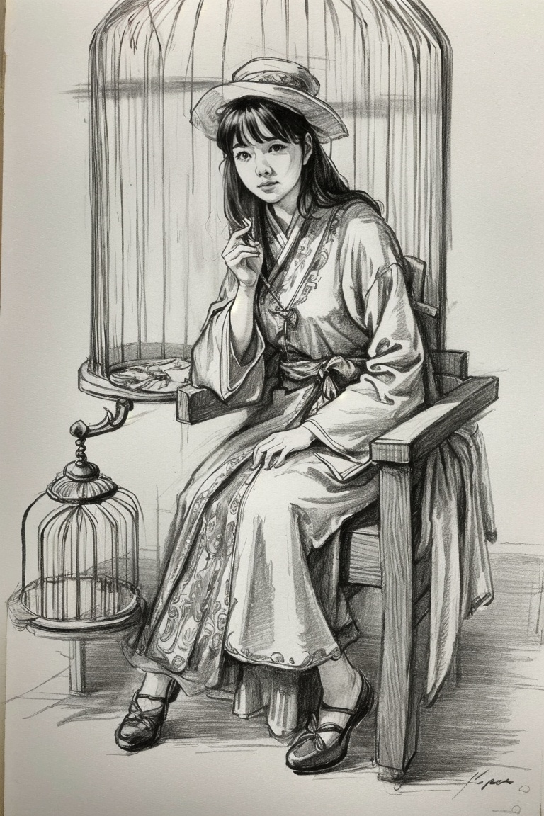 ((HRD, HUD, 8K)),((masterpiece, best quality)), highly detailed, soft light,Sketch, monochrome, greyscale, solo, sitting, bird, cage, traditional media, long sleeves, 1girl, signature, full body, birdcage, dress, fingernails, chair, hat, jewelry, chinese clothes,  <lora:20240413-1712999239990:0.8>