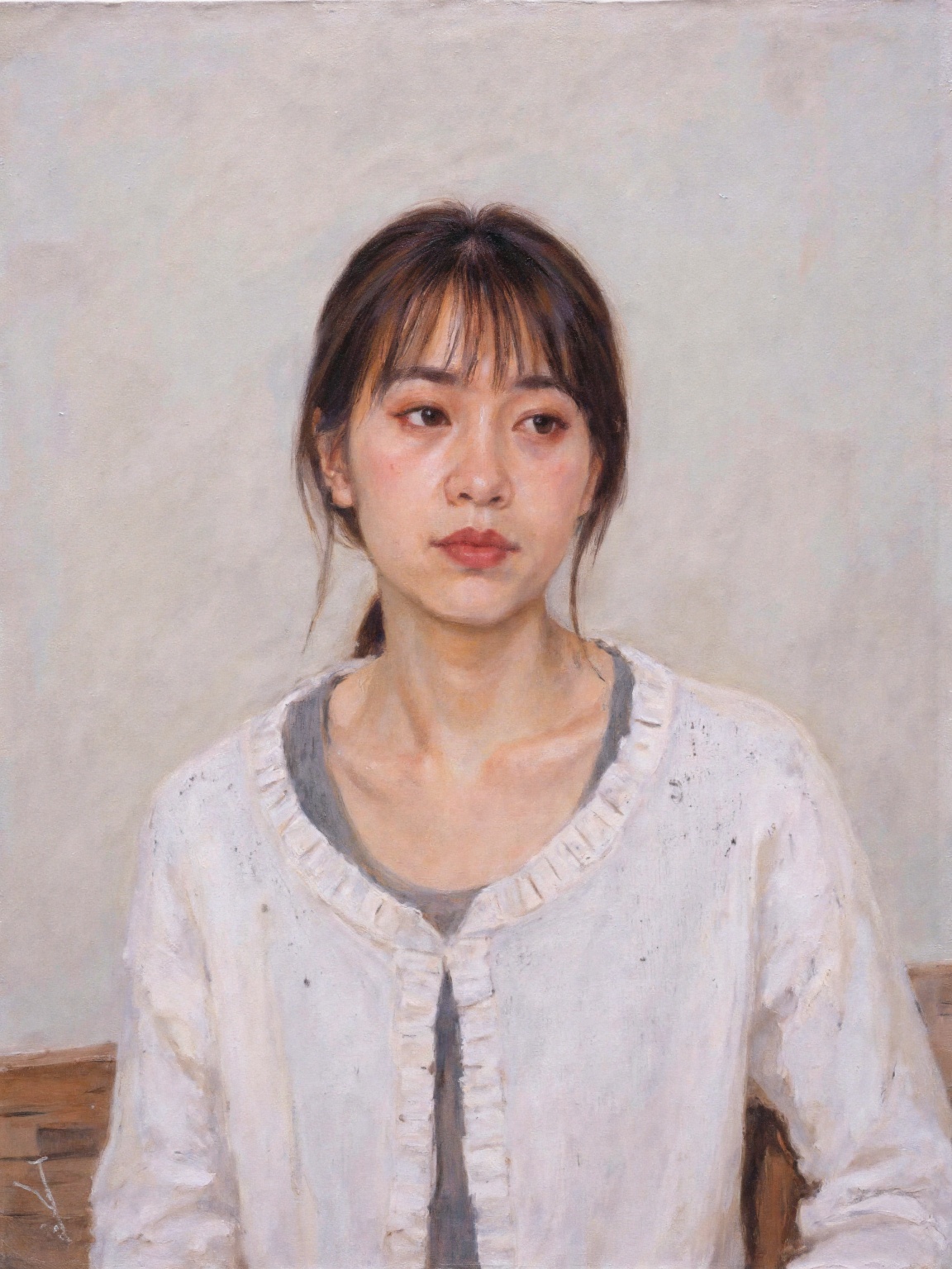 liebin,zhiguo,A vertical half-length portrait oil painting,a young woman sitting upright,body facing the picture,head slightly turned,looking to the right side of the picture,expression restrained and calm,slightly thoughtful,dark brown hair,thin bangs covering the forehead,back tied loosely,wearing a white light knitted jacket,inner gray vest/undershirt,neutral low saturation color scheme,clean and elegant daily style,background is a light-colored fabric photography background,clear crease texture,simple indoor setting,the wooden floor and edge of the chair are barely visible below,soft and even indoor diffused lighting,slight shadows,natural skin tone,realistic oil painting style,combination of impasto texture and delicate brushstrokes,visible paint buildup,clear canvas grain,strong oil paint texture,edges slightly softened but facial features clear,warm tones,overall atmosphere quiet and restrained,high quality details,museum quality oil painting,realistic portrait,impasto texture,visible brushstrokes,canvas grain,soft diffuse lighting,shallow depth of field.,