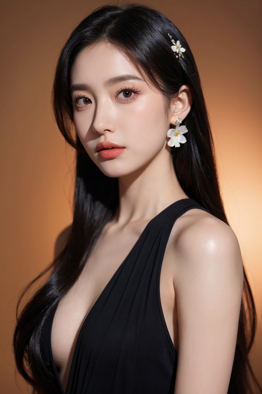 1girl, solo,(front view:1.2),(looking_at_viewer:1.4),(eye-contact:1.4),,black hair, long hair, jewelry, realistic, earrings, hair ornament, black eyes, lips, collarbone, parted lips, flower, watermark, upper body, portrait, hair flower, dress, web address,  <lora:YG红颜阁美女7:0.8>,