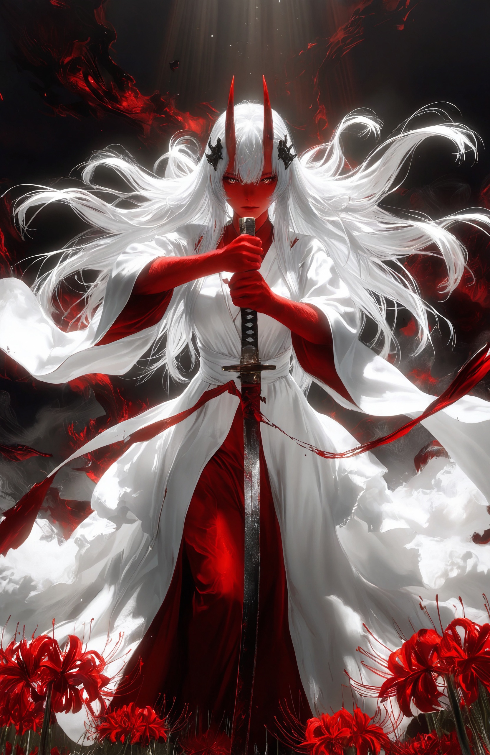 masterpiece, best quality, 8k, absurdres, cute girl, beautiful face, ultra-detailed eyes, eyelashes, cinematic lighting, soft lighting, ambient occlusion, raytracing, detailed background, illustrating, CG, ultra-detailed-eyes, detailed background, cute girl, eyelashes,  cinematic composition, ultra-detailed hair, hair strands, lustrous hair, floating hair, beautiful lighting on hair, light raysAka-Oni, oni, (oni horns), colored skin, (red skin:1.3), smooth horns, black horns, straight horns,mysterious warrior, gothic dress, elegant white gown, frills and ruffles, sharp katana, sword stance, field of red spider lilies, burning background, dark atmosphere, blood red theme, high contrast silhouette, dynamic pose, flowing fabric, intricate lace, ethereal, cinematic composition, sharp focus, masterpiece.(rella:1.2), (redum4:1.2) (au \(d elete\):1.2) (dino \(dinoartforame\):1.1), epic