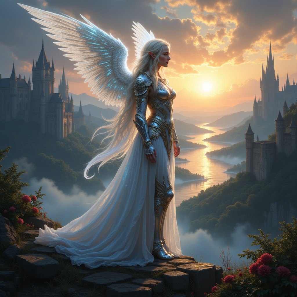 This is a highly detailed,  digital fantasy artwork depicting an ethereal,  angelic figure standing in a mystical on Tenso...