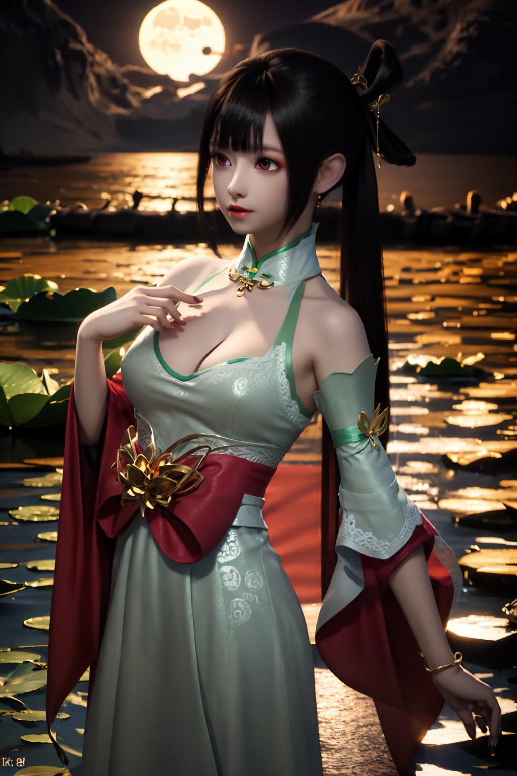 standing,dress,chinese clothes,flower,full_moon,moon,night,lily_pad,lotus,moonlight,nipples,water,night_sky,lily_\(flower\),sky,partially_submerged,1girl,solo,hair ornament,long hair,realistic,nail polish,photo_\(medium\),large breasts,cleavage,makeup,(8k, RAW photo, best quality, masterpiece:1.2),(realistic, photorealistic:1.3),ultra-detailed,extremely detailed cg 8k wallpaper,(crystalstexture skin:1.2),extremely delicate and beautiful,(sexy pose:1.2),