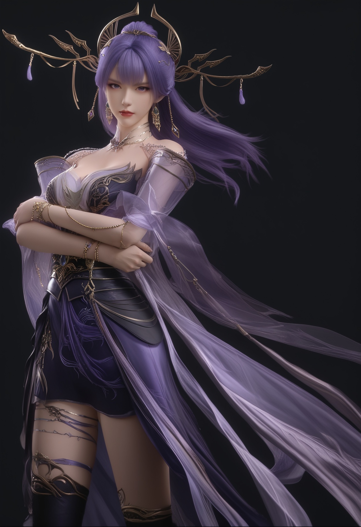 masterpiece,best quality,absurdres,highres,1girl,solo,<lora:新-天穹-ill-000008:0.85>,BREAKtianqiong,purple and black,long hair,purple hair,jewelry,ornate hair ornament,golden headpiece,long dangling earrings,antler-like crown,tassel headdress,collarbone,choker,shoulder chains,arm chain,cleavage,sheer overlay,corset top,high-waisted skirt,thigh strap,high slit skirt,high heel boots,looking at viewer,front view,standing,crossed arms,BREAK(white_skin:1.1),(fair_skin:1.1),realistic,simple background,black background,