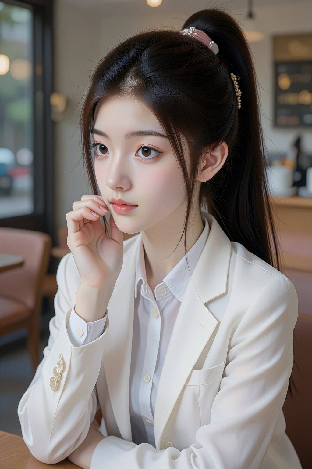 A photograph of a young Asian woman with fair skin,  long black hair tied back in a high ponytail,  and delicate facial fe...