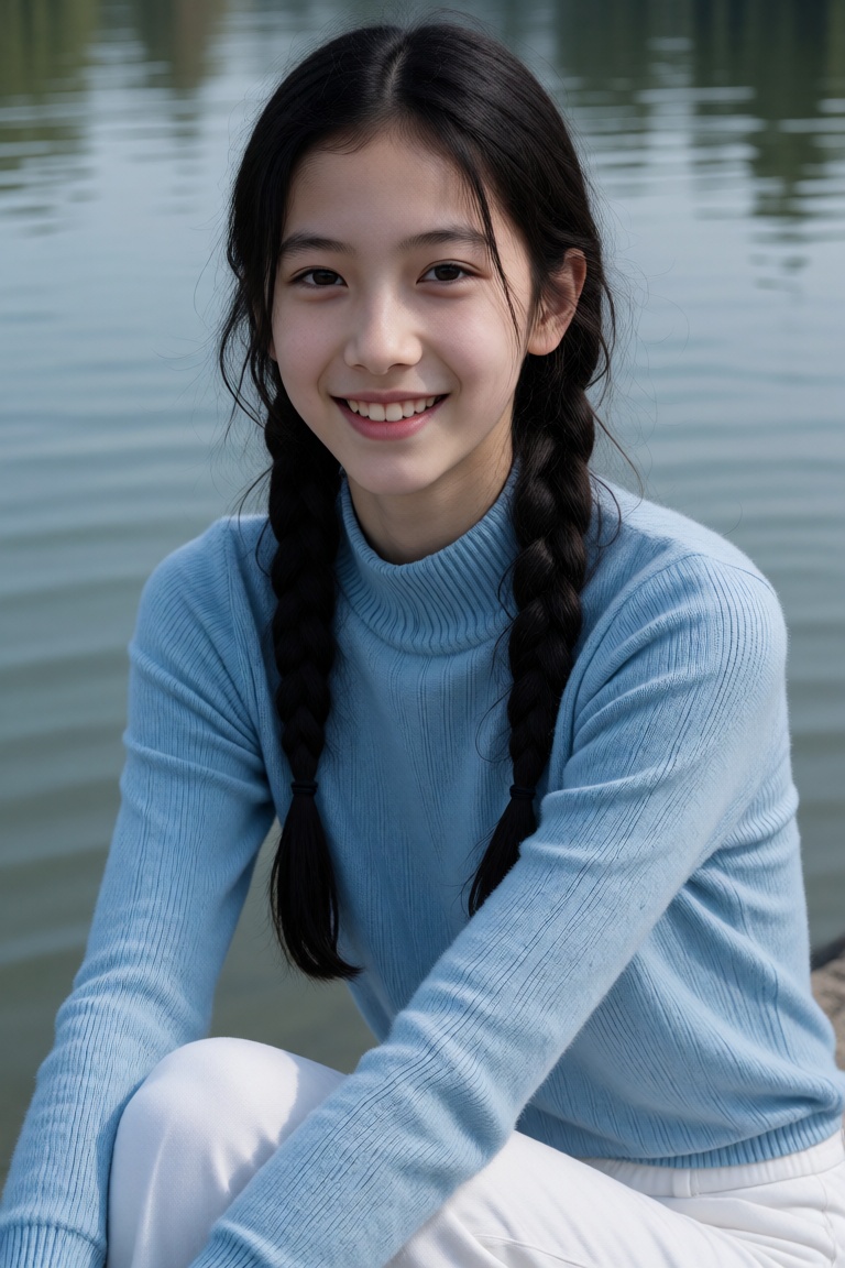 一位皮肤白皙、留着黑色长辫的年轻亚裔女子,  臉帶微笑,  身穿浅蓝色高領毛衣和白色裤子 on Tensor.Art