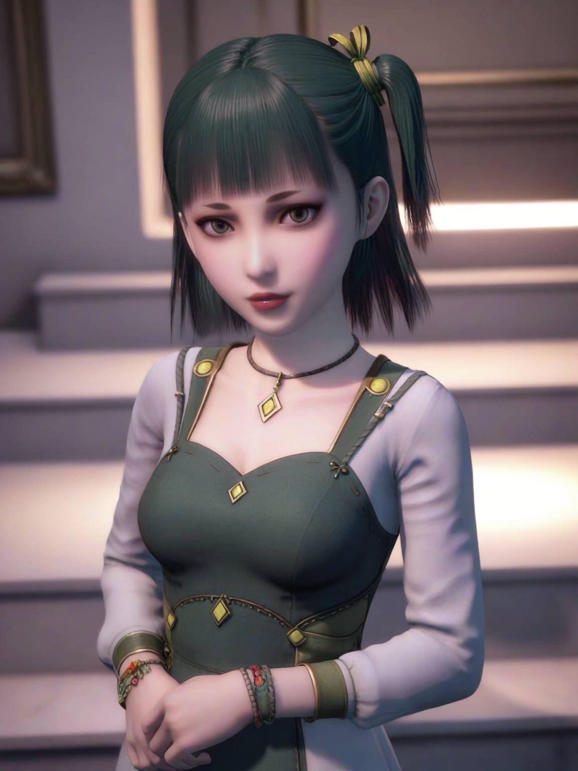 score_9,1girl,solo,dress,standing,bangs,short hair,necklace,one side up,medium breasts, bracelet,Side face,long sleeves, standing,lipstick,upper body, looking at viewer,<lora:SF_XiaoYa_Pony_Realism2.3-000004:0.7>,