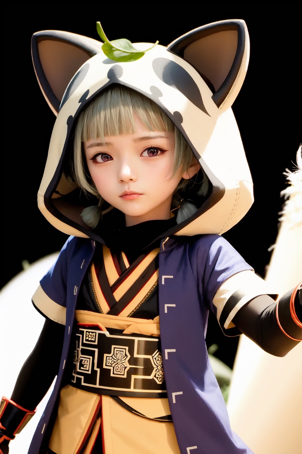 sayu_(genshin_impact),1girl,solo,short_sleeves,simple_background,fake_tail,raccoon_tail,looking_at_viewer,leaf_on_head,black_gloves,fingerless_gloves,animal_hood,japanese_clothes<lora:sayu_(genshin_impact):1>,simple background,white backgroundmasterpiece,best quality, highly detailed, 