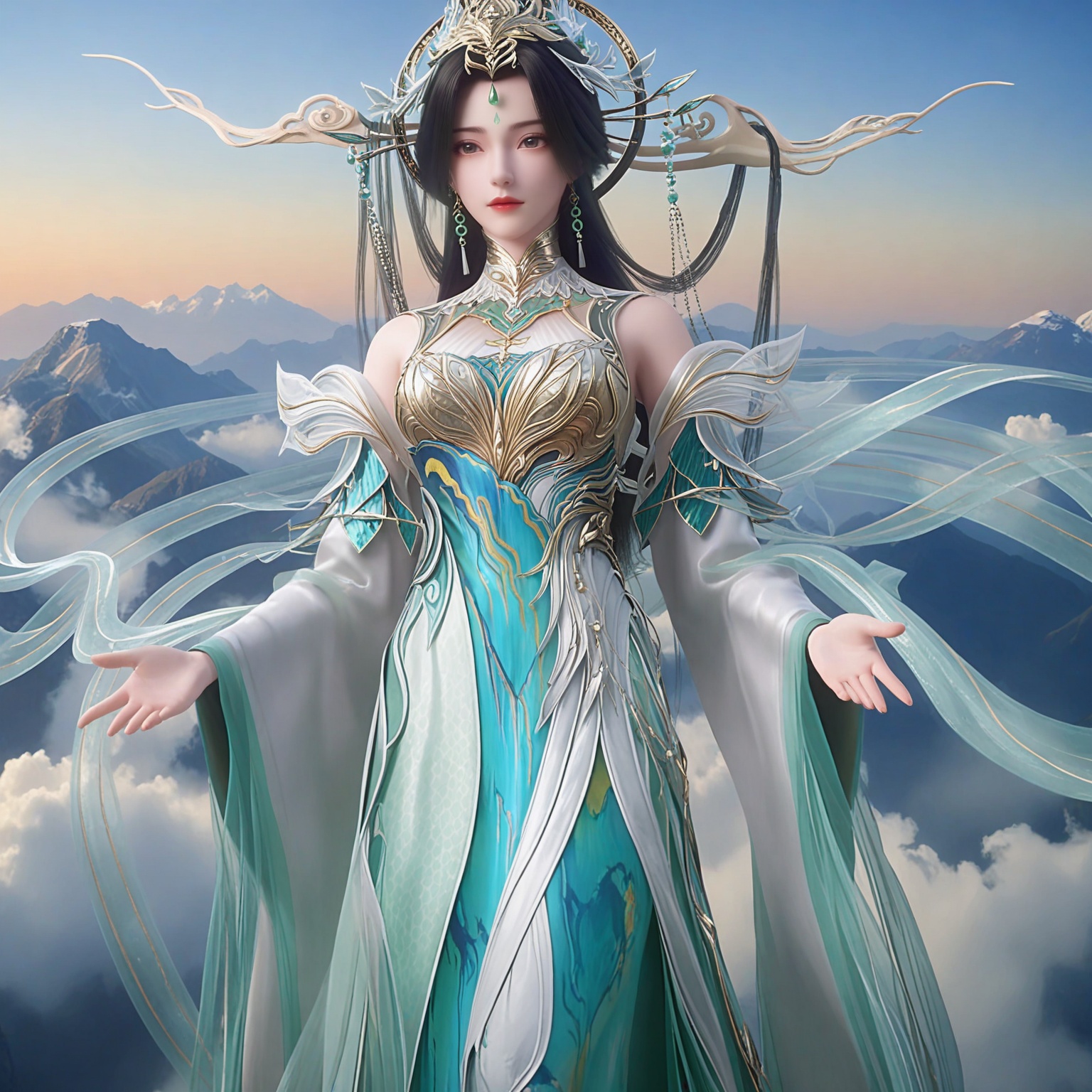 (masterpiece:1.1),(best quality:1.2),perfect anatomy,(very aesthetic:1.1),(8k:1.1),above the clouds wonder pose,panoramic view,ethereal atmosphere,<lora:YQ_li光辉v5_柳神无敌道_V4:0.8>,1girl,q1528437228,solo,hair ornament,long hair,black hair,dress,jewelry,earrings,forehead mark,chinese clothes,facial mark,white dress,bare shoulders,green dress,long sleeves,detached sleeves,brown hair,