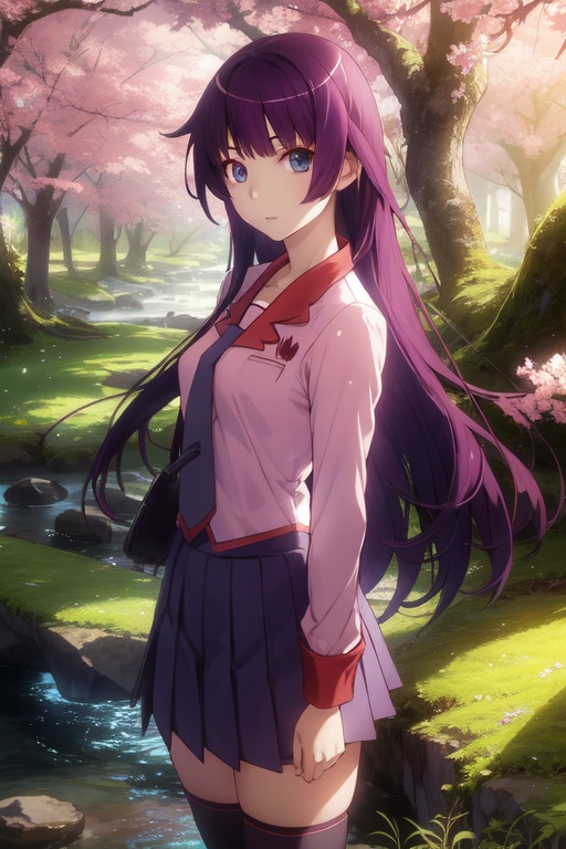 <lora:Hitagi-000008:0.8>,Hitagi CYQL,1girl,looking at viewer,solo,long hair,purple hair,blue eyes,school uniform,necktie,skirt,zettai ryouiki,thighhighs,black thighhighs,Skeptical, Raised eyebrows and a slightly pursed mouth.,upper_body,beautiful face,beautiful eyes,glossy skin,shiny skin,Forest, Brook, Sunlight, Trees, Moss, Rocks, Tranquility, Nature sounds,(Cherry blossoms, Garden path, Dawn light, Sakura petals, Tranquil setting, Japanese elegance:0.6),beautiful detailed sky,beautiful detailed glow,masterpiece,best quality,beautiful and aesthetic,wallpaper,