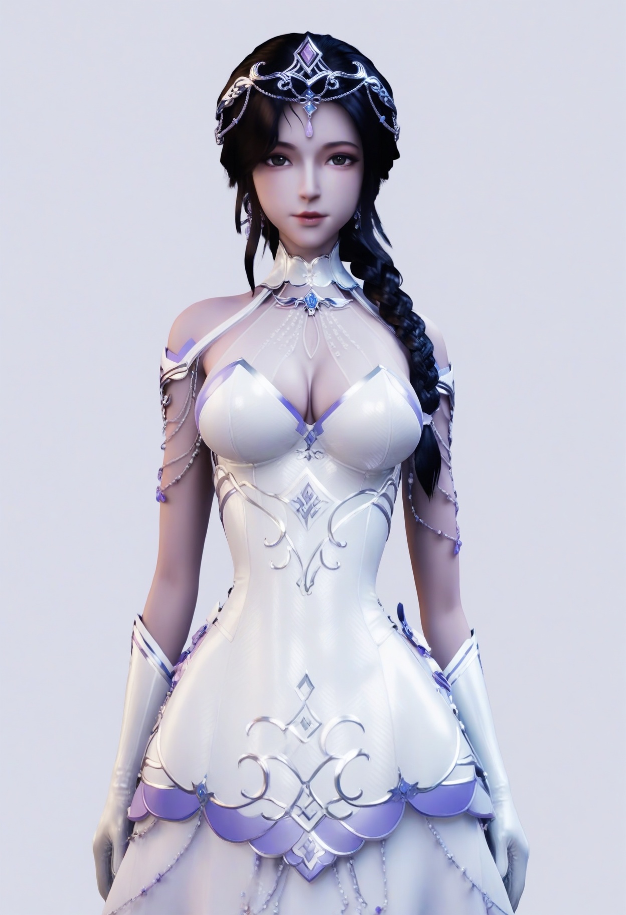 score_9,<lora:SF_BaiYue_Pony_Realism2.3-000004:0.7>,1girl,solo,hair ornament,large breasts,black hair,braid,dress,standing,gloves,looking at viewer,white background,simple background,