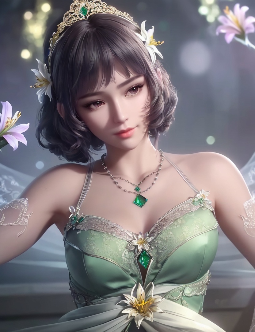 ultra realistic 8k cg, picture-perfect face, flawless, clean, masterpiece, professional artwork, famous artwork, cinematic lighting, cinematic bloom, perfect face, beautiful face, fantasy, dreamlike, unreal, science fiction,   lace, lace trim, lace-trimmed legwear,  (rich:1.4), prestige, luxury, jewelry, diamond, gold, pearl, gem, sapphire, ruby, emerald, intricate detail, delicate pattern, charming, alluring, seductive, erotic, enchanting, hair ornament, necklace, earrings, bracelet, armlet,halo((,1girl, pov,))  ((, 1girl, solo, star_\(symbol\),lily \(flower\),hair flower, dress, jewelry))<lora:DA_BaiChenXiang:0.6>