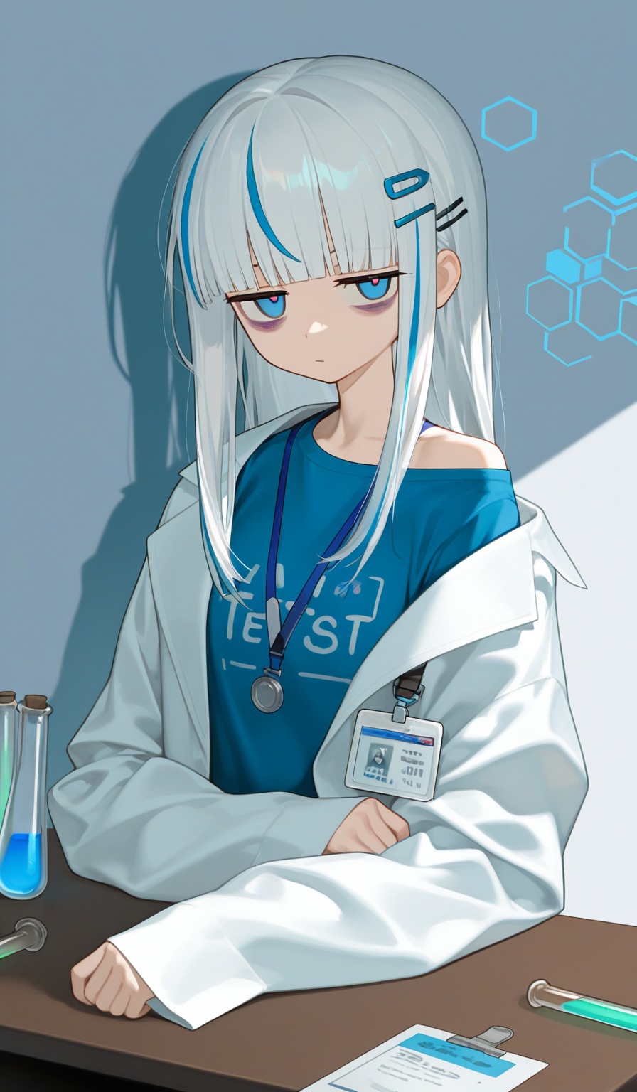 <lora:えーあい-Style:1>,(upper body:1.3),1girl,solo,blue eyes,white hair,long hair,blunt bangs,(bags under eyes),blue streaked hair,blue t-shirt,long sleeves,hairclip,single bare shoulder,lab coat,id card,test tube,upper body,looking at viewer,(jitome:1.2),simple background,drop shadow,hexagon,desk,