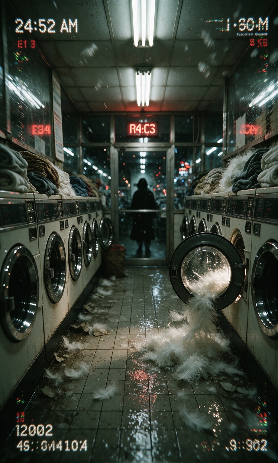Empty 24-hour laundromat at 1:52 AM,  rows of old washing machines,  one machine filled with white feathers instead of clo...