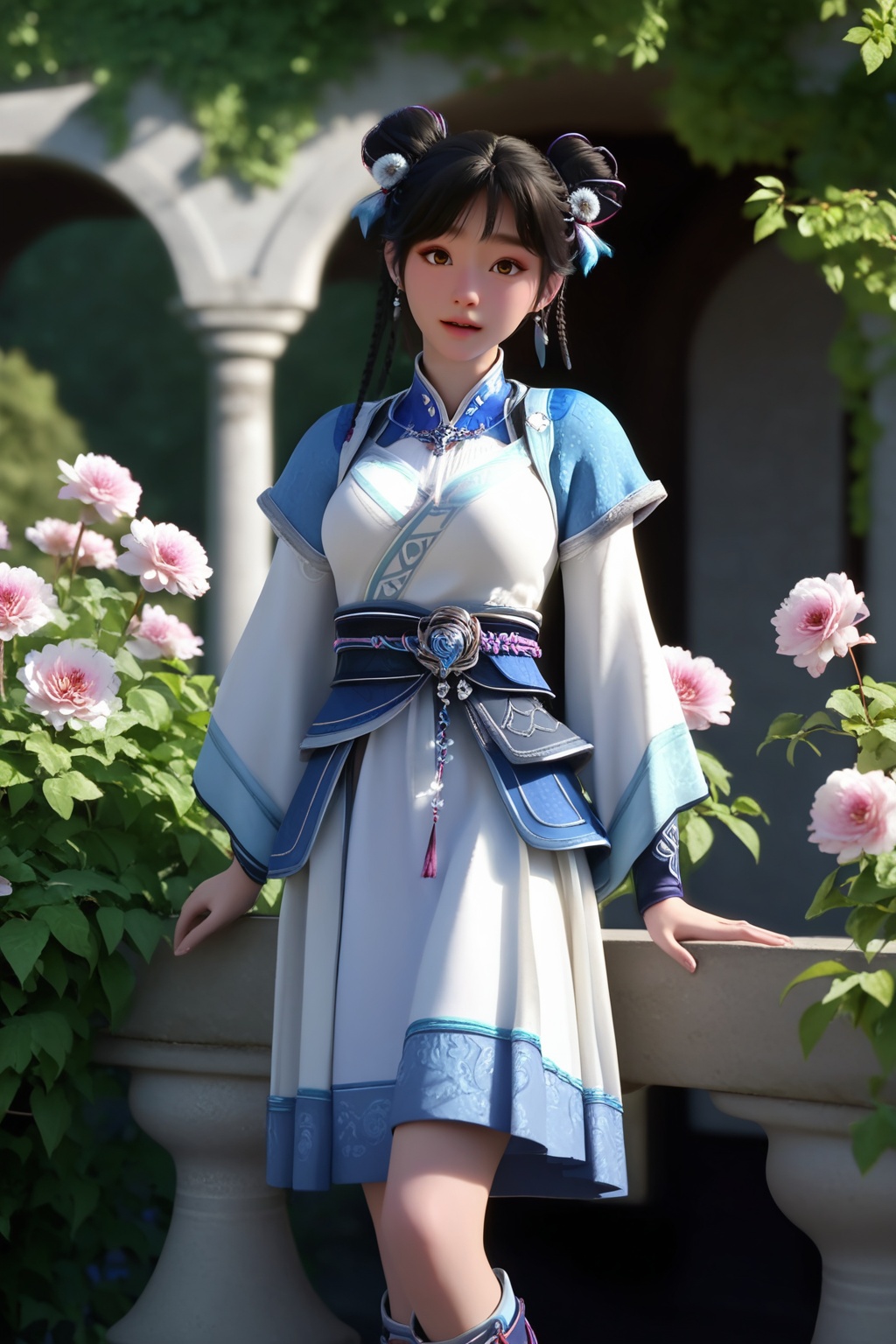 (Leaning against a wrought-iron gate in a blooming garden, she embodies the allure of a secret paradise:1.2),looking at viewer,<lora:XL16神国之上宁小龄:0.85>,preteen girl,white dress,blue bolero,black hair,braid,double bun,hair ornament,jewelry,sash,necklace,socks,boots,(large breasts:1.2),tree,flower,pink_flower,water,stone,flowers_Surrounded,pondel,, score_9,score_8_up,score_7_up,score_6_up,score_5_up,score_4_up,3d rendering,tag1,tag2, Cinematic Lighting,backlighting,