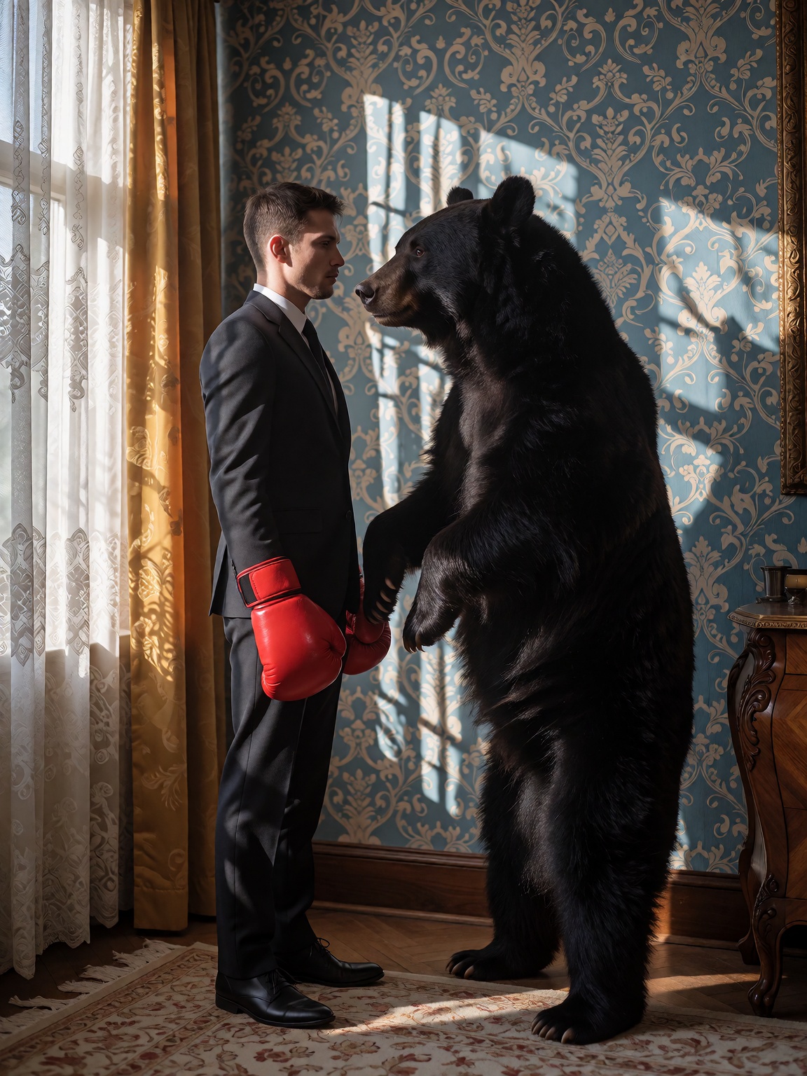 A surreal profile portrait of a man in a tailored dark suit facing off against a massive black bear standing on its hind l...
