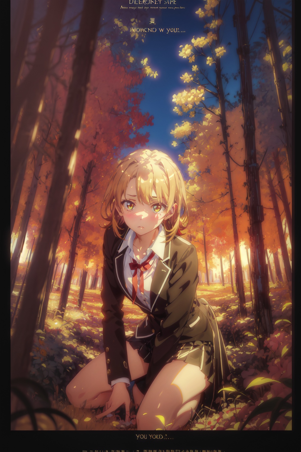 1girl,looking at viewer,solo,short hair,brown hair,yellow eyes,<lora:Iroha:0.8>,Iroha_CYQL,(smug,leaning forward,upper_body,front view:1.1),Traditional uniform with a knee-length skirt, matching blazer, and silk necktie,beautiful face,beautiful eyes,glossy skin,shiny skin,Sequoias, Ancient trees, Mossy trunks, Forest floor, Silence, Nature's cathedral, Hiking,Gum trees, Eucalyptus scent, Australian outback, Sunrise hues, Gum tree silhouettes, Outback landscape,beautiful detailed sky,beautiful detailed glow,(movie poster:1.2),(border:1.3),(English text:1.4),posing in front of a colorful and dynamic background,masterpiece,best quality,beautiful and aesthetic,contrapposto,female focus,fine fabric emphasis,wallpaper,fashion,intricate detail,finely detailed,fine fabric emphasis,glossy,<lora:增强减少细节add_detail:0.4>,