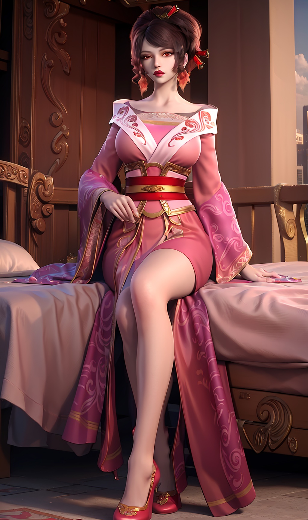 3D,masterpiece,(best quality),(makeup),official art, extremely detailed cg 8k wallpaper,((crystalstexture skin)), (extremely delicate and beautiful),(highly detailed),(face),(tiara),(hairpin),(closed_mouth),(1girl), (solo), (jewelry), (earrings),(brown_hair),(long_hair),(hair_ornament),(handwear),(breasts),(sitting),((full_body,whole_body)),(dress),(skirt),(shiny_clothes),(city,outdoor,bed),(belt),(long_sleeves),(multicolored_clothes),(multicolored_dress),(sash),(long_legs),,,((looking_at_viewer)),((Facing the camera)),(shoes),(red_shoes),, <lora:hipoly3DModelLora_v10:0.3>